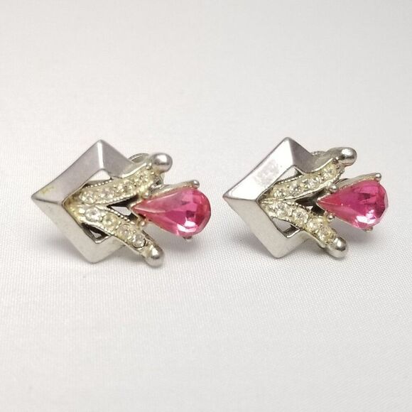 Vintage Pink and Silver Tone Rhinestone Geometric Clip On Screw Back Earrings - Picture 2 of 6